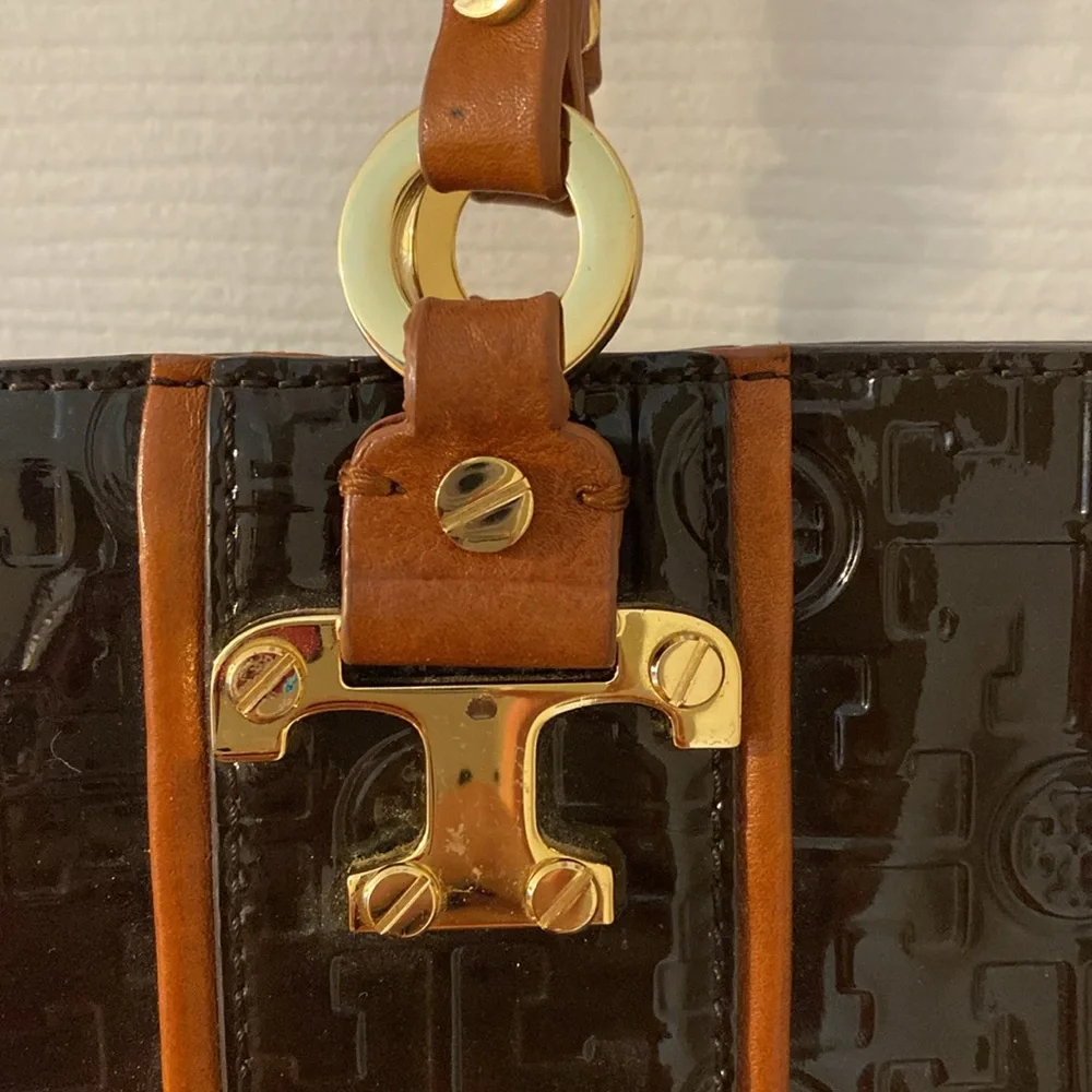 Tory Burch Brown Patent Satchel with Tan Trim